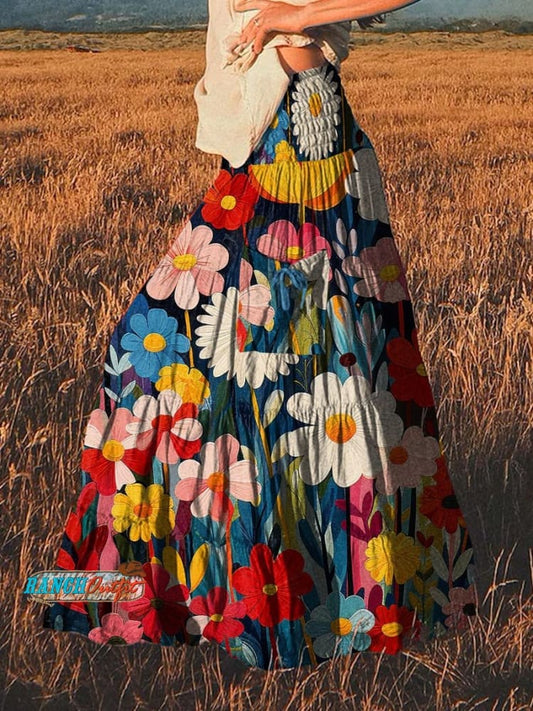 Women's Colorful Flower Geometric Vintage Print Cotton Pocket Skirt