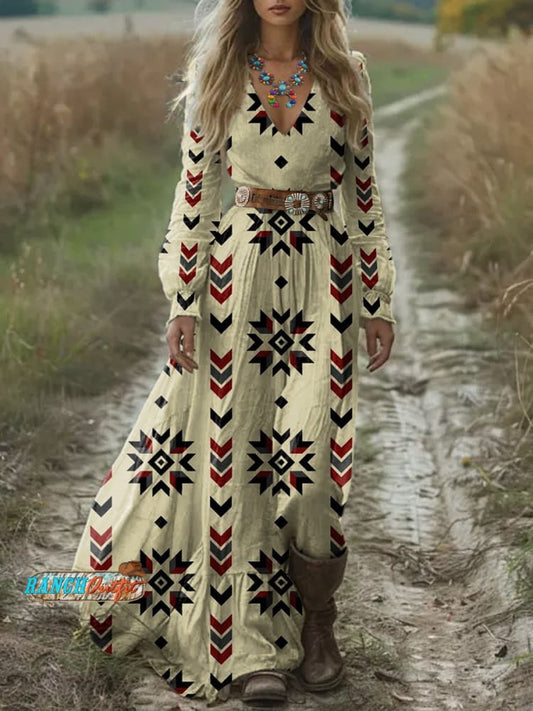 Women's Beige Vintage Aztec Print Pocket Cotton Dress