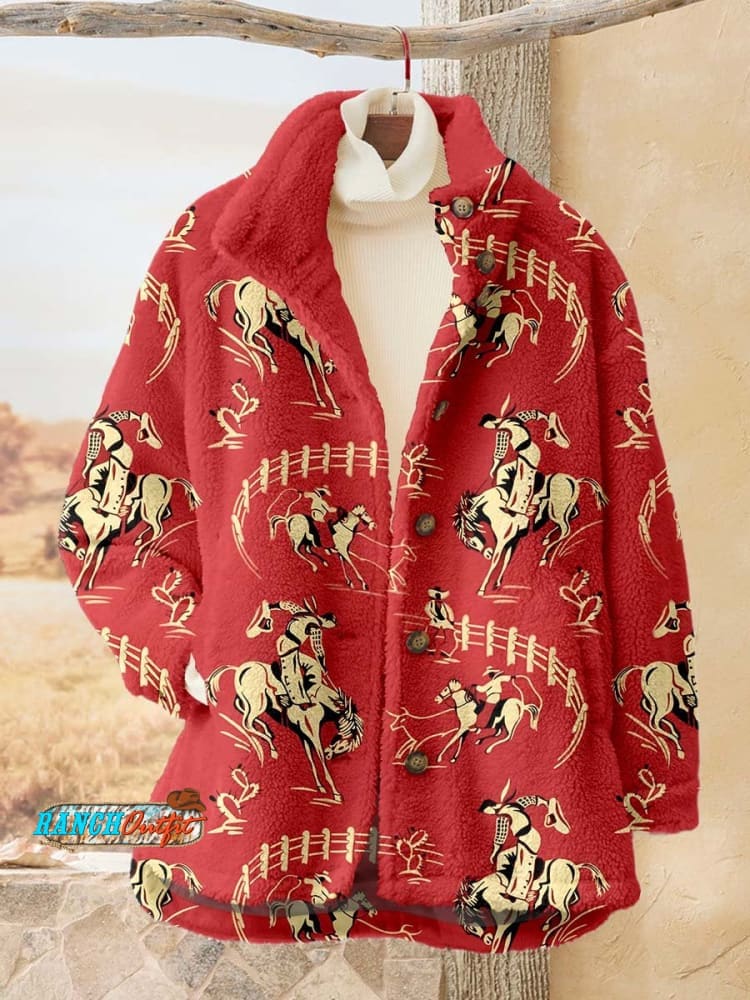 Women's Red Cowboy Vintage Print Cotton Pocket Skirt