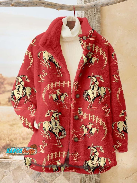Women's Red Cowboy Vintage Print Cotton Pocket Skirt
