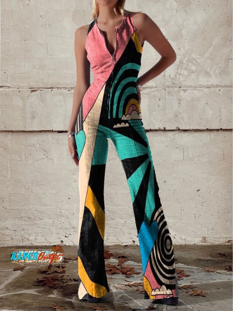 Women's Vintage Hippie Art Print Casual Denim Jumpsuit