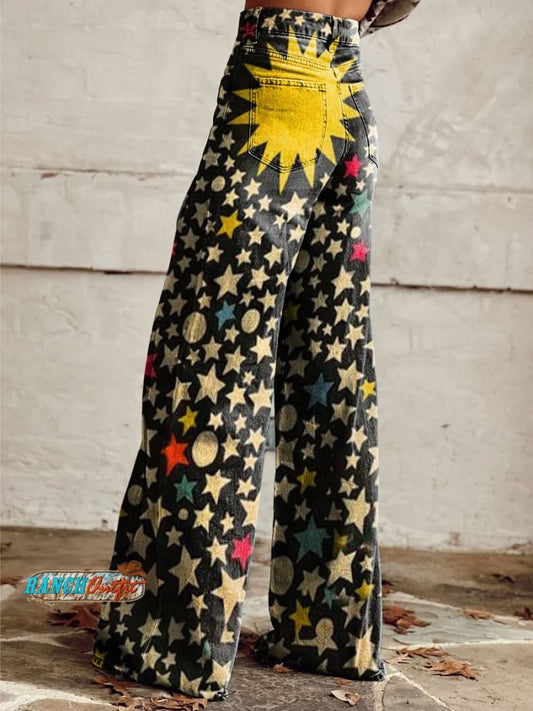 Women's Vintage Stars Print Casual Wide Leg Pants