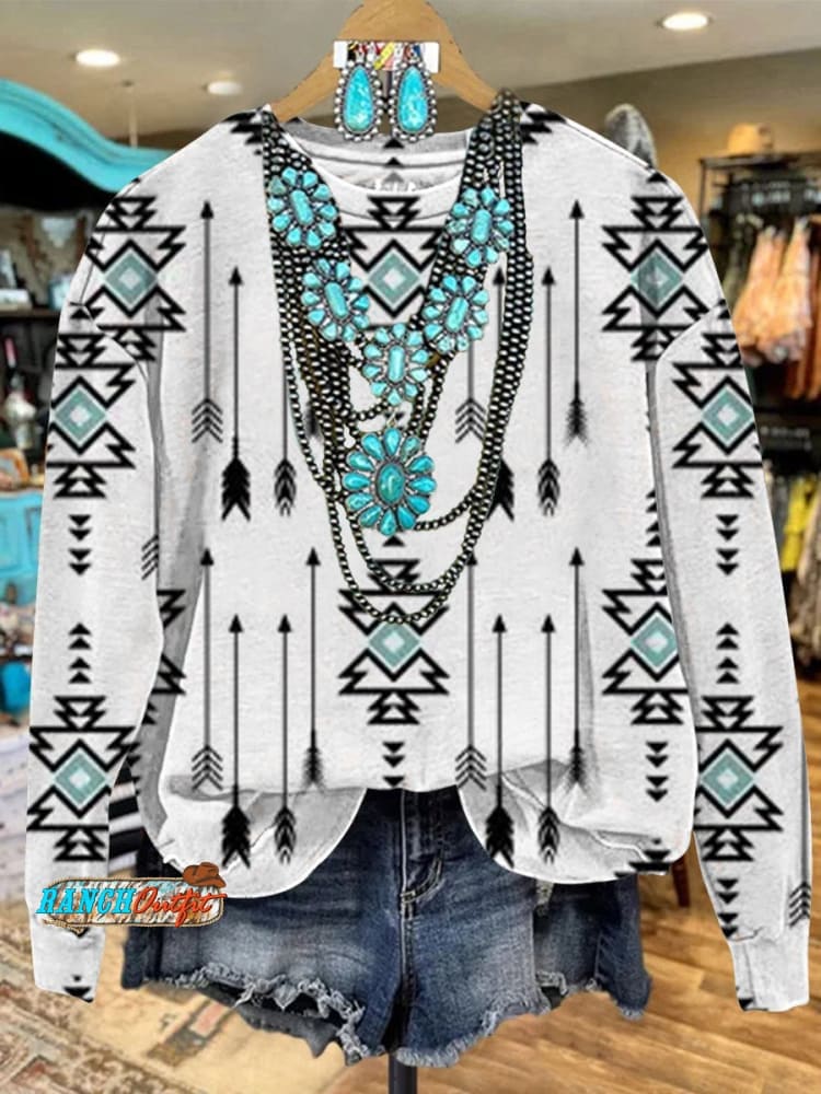 Women's White Vintage Aztec Print Pocket Cotton Dress