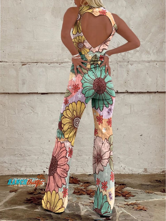 Women's Vintage Flowers Print Casual Denim Jumpsuit