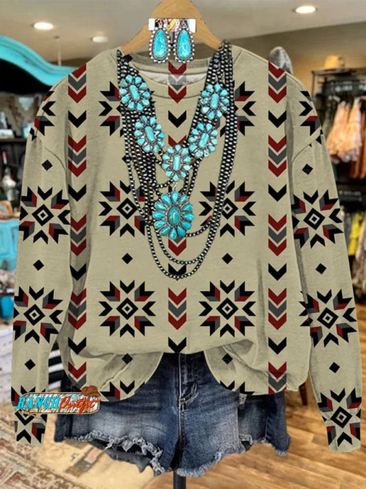 Women's Beige Vintage Aztec Print Pocket Cotton Dress