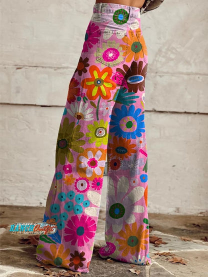 Women's Cartoon Color Flower Print Casual Wide Leg Pants