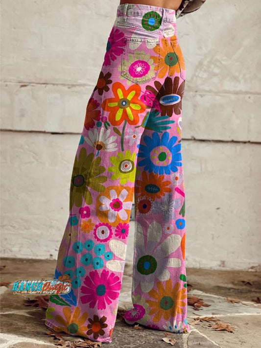 Women's Cartoon Color Flower Print Casual Wide Leg Pants