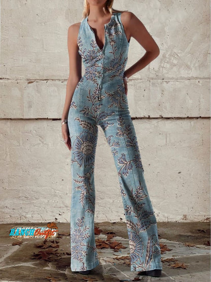 Women's Vintage Hippie Art Print Casual Denim Jumpsuit