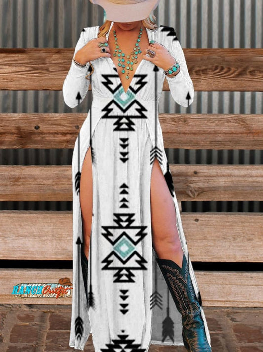 Women's White Vintage Aztec Print Pocket Cotton Dress