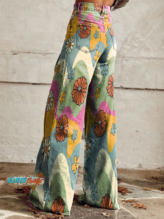 Women's Vintage Floral Daisy Print Casual Wide Leg Pants