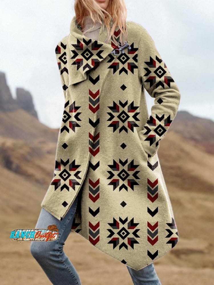 Women's Beige Vintage Aztec Print Pocket Cotton Dress