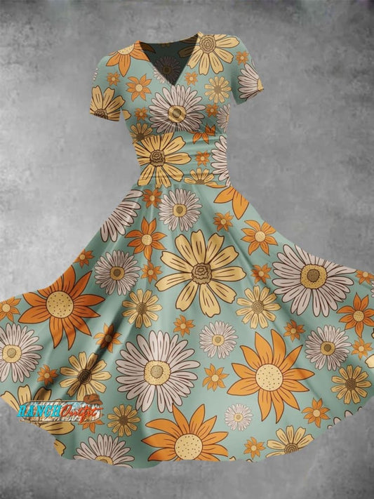 Women's Vintage Stamens Daisies Print Maxi Dress
