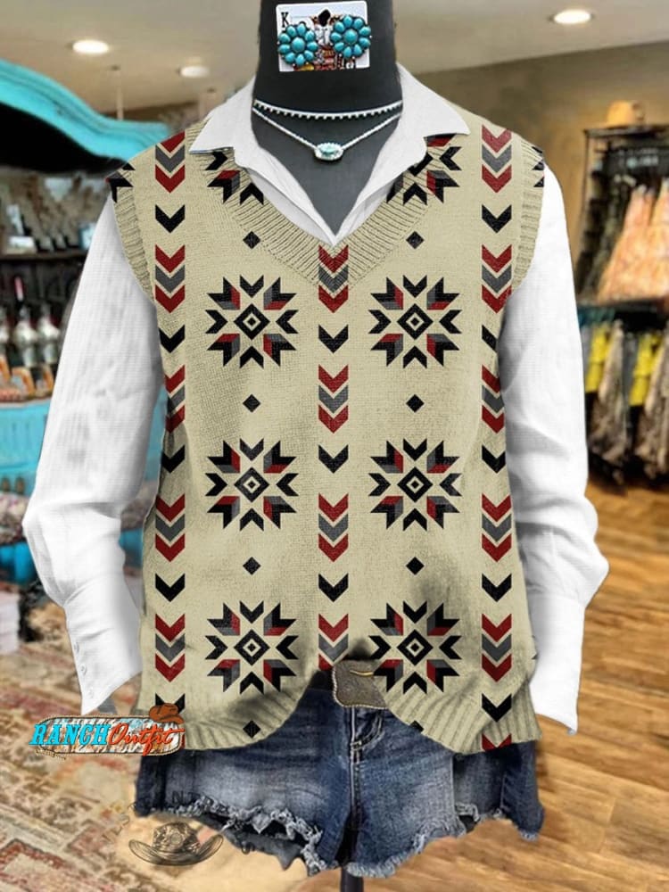 Women's Beige Vintage Aztec Print Pocket Cotton Dress