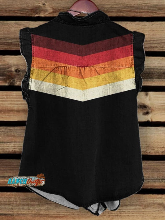Black Women's White and Red Stripes Print Ruffle Front Tank Top
