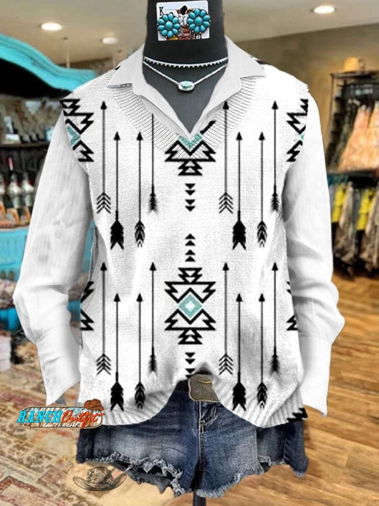 Women's White Vintage Aztec Print Pocket Cotton Dress