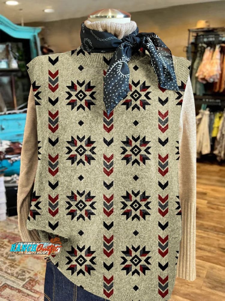 Women's Beige Vintage Aztec Print Pocket Cotton Dress