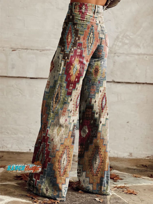 Women's Vintage Geometric Pattern Print Casual Wide Leg Pants