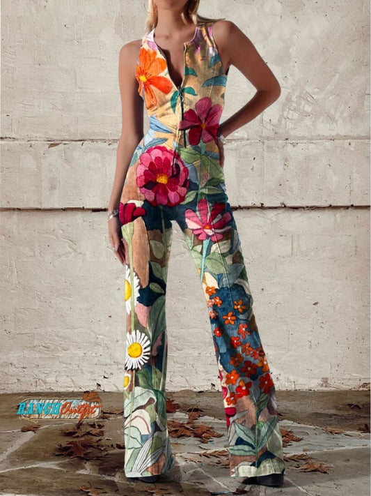 Women's Vintage Flower Art Print Casual Denim Jumpsuit