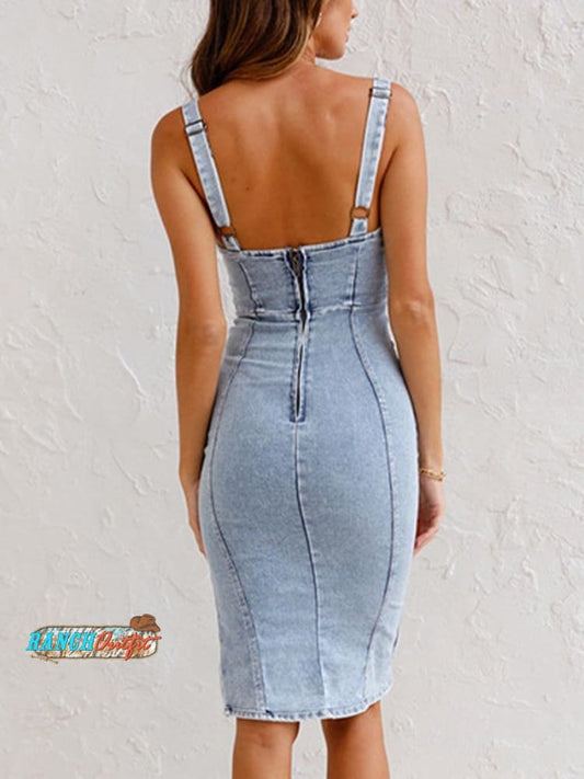 Short-sleeved U-neck Suspender Distressed Casual Denim Dress