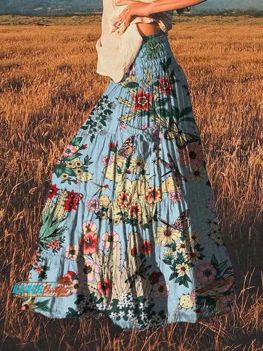 Women's Retro Western Cactus Print Cotton Pocket Skirt