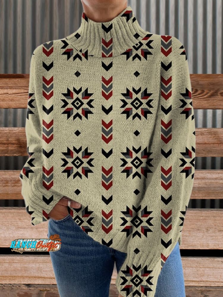 Women's Beige Vintage Aztec Print Pocket Cotton Dress