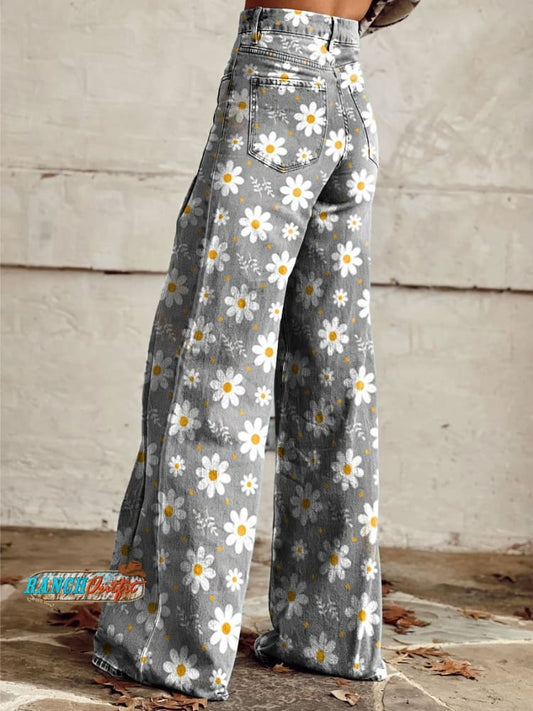 Women's Vintage Flower Daisy Print Casual Wide Leg Pants