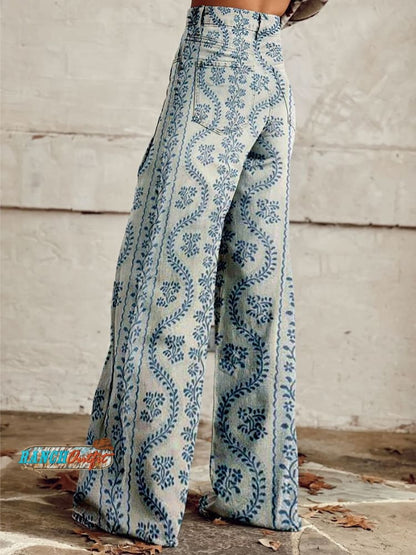 Women's Vintage Flower Print Casual Wide Leg Pants