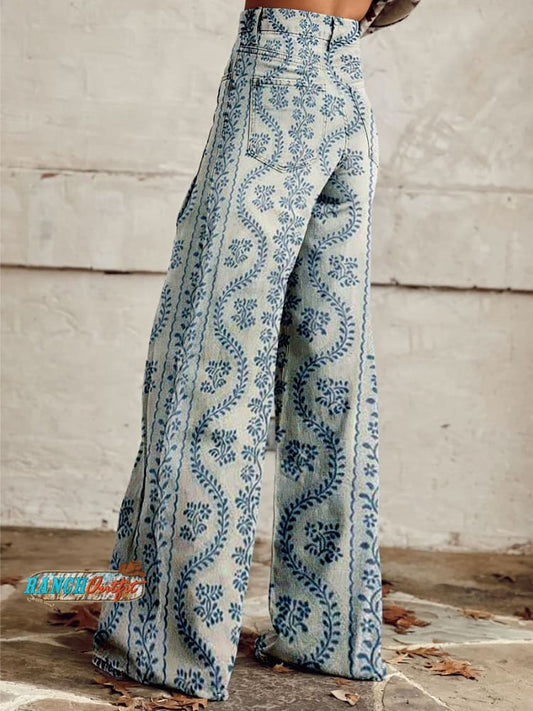 Women's Vintage Flower Print Casual Wide Leg Pants