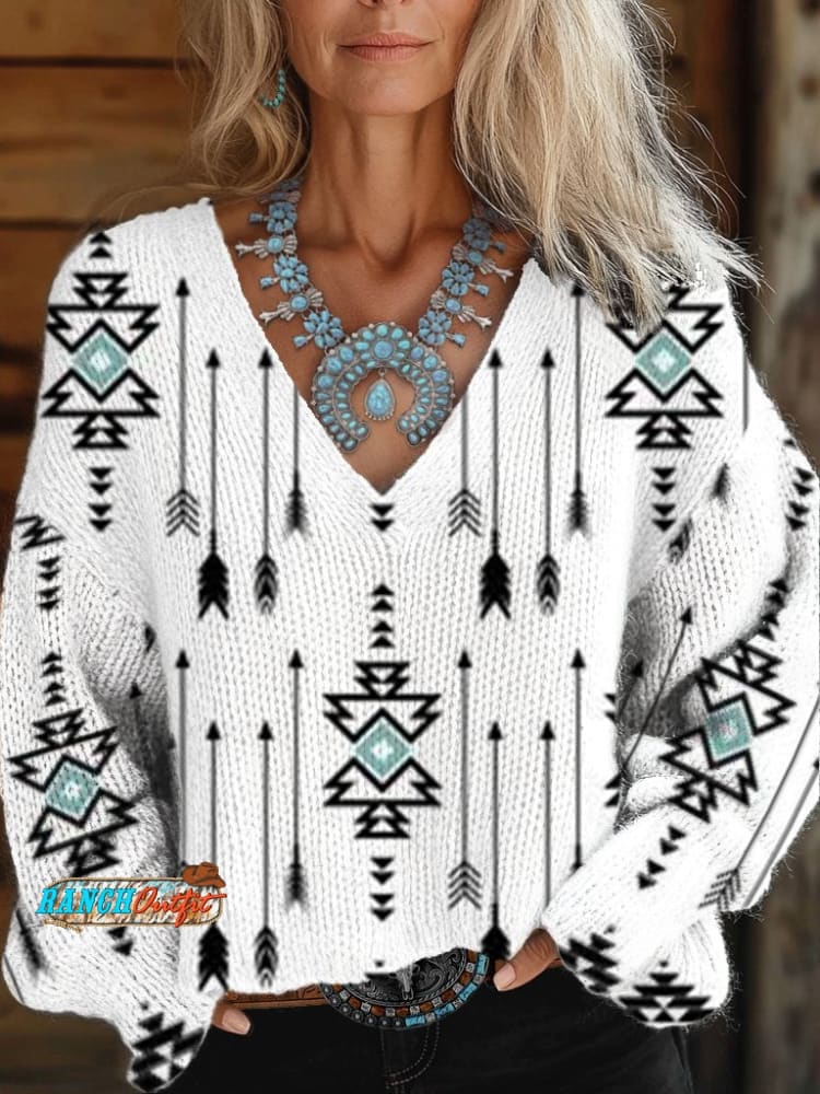Women's White Vintage Aztec Print Pocket Cotton Dress