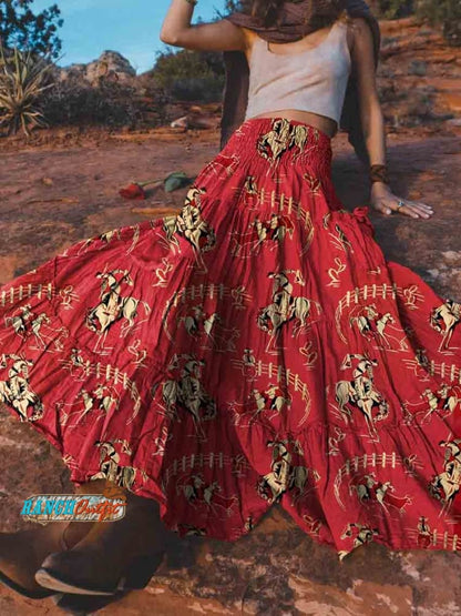 Women's Red Cowboy Vintage Print Cotton Pocket Skirt