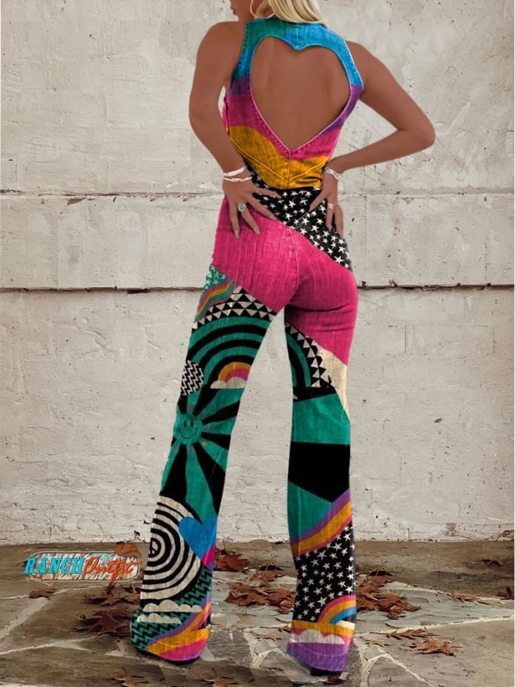 Women's Vintage Hippie Art Print Casual Denim Jumpsuit