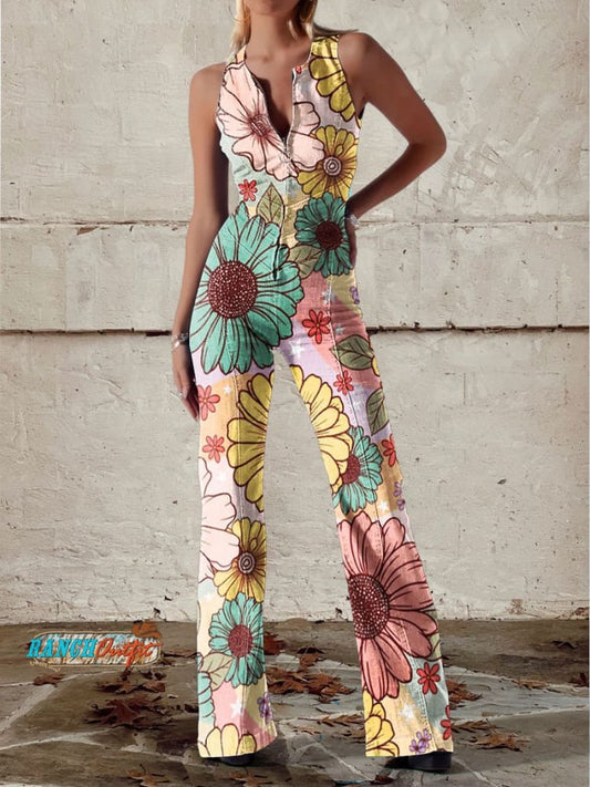 Women's Vintage Flowers Print Casual Denim Jumpsuit