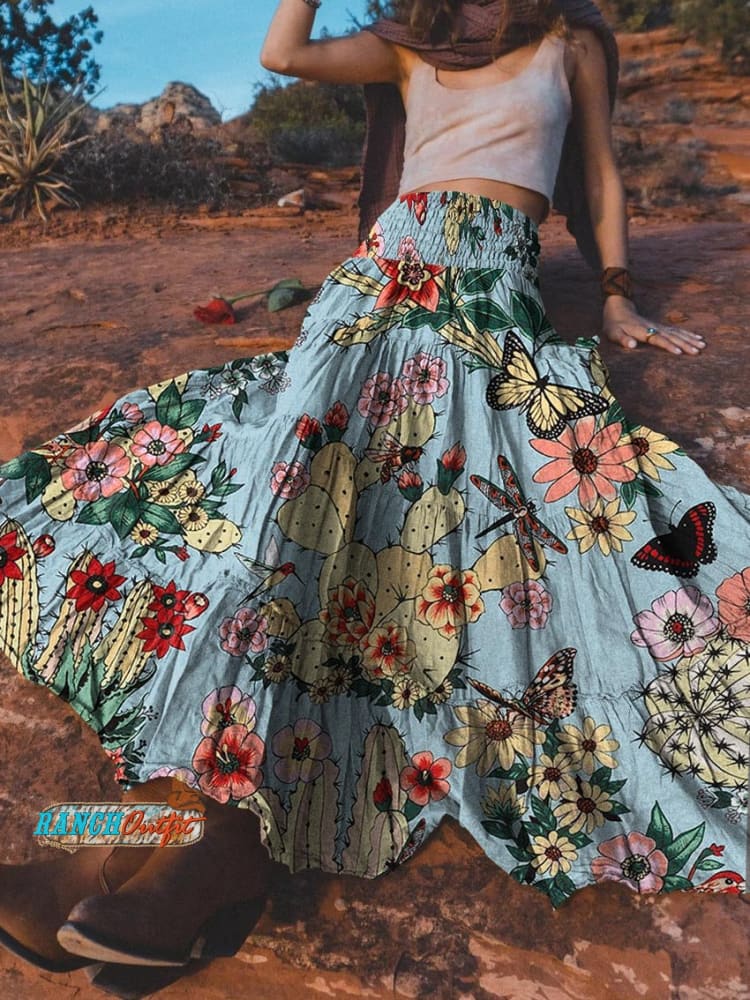Women's Retro Western Cactus Print Cotton Pocket Skirt