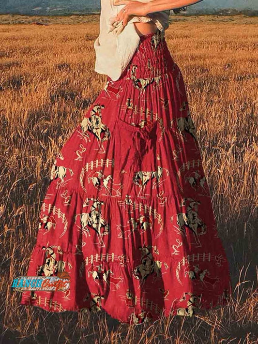 Women's Red Cowboy Vintage Print Cotton Pocket Skirt